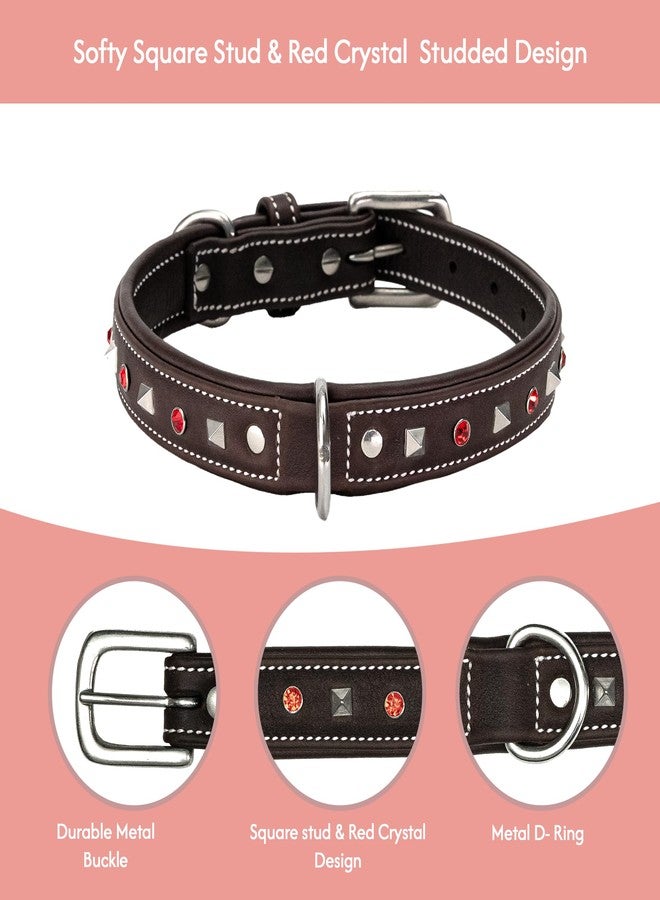 ADIL'S Premium Brown Leather Dog Collar with Red Crystal & Silver Square Studs - 1in Width - Secure Metal Buckle & D-Ring - Adjustable Fit 12"-26" Neck Size for Small to Large Breeds, 66 x 30 cm - Image 2